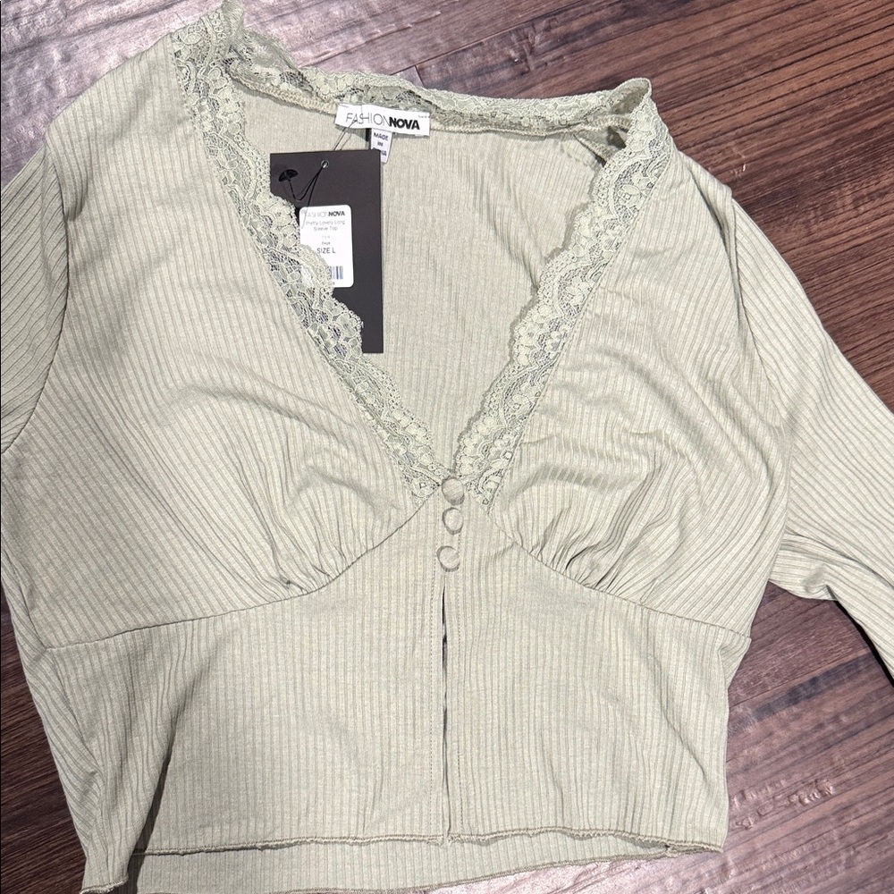 Fashion Nova Light Sage Ribbed Lace Trim Long Sleeve Crop Top